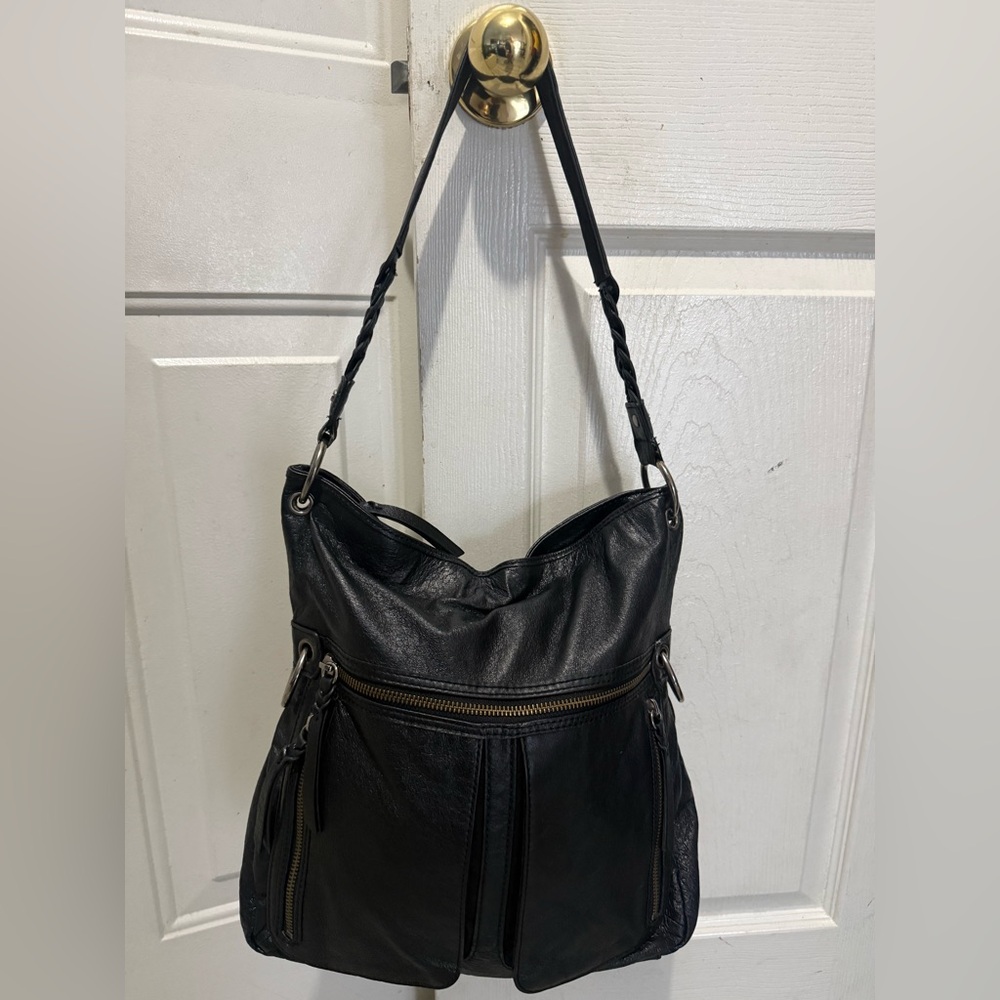 The Sak Black Leather Crochet strap Shoulder Bag
